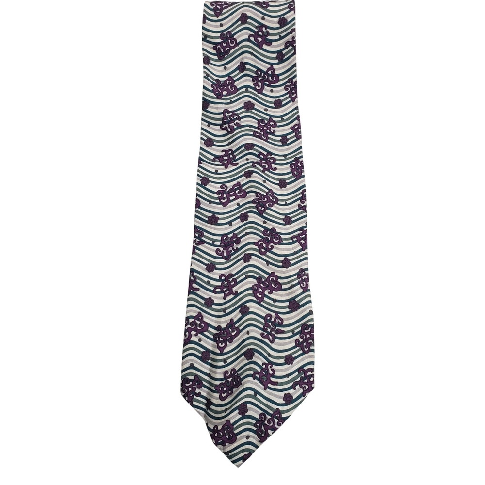 XMI Mens Abstract Wavy Floral‎ Silk Tie One Size Purple Green